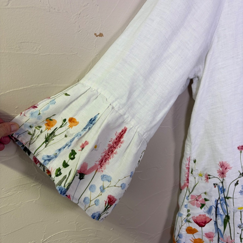 John Mark Floral Linen Tunic Blouse Womens 1X White Ruffle Sleeve Cottagecore - Picture 4 of 11